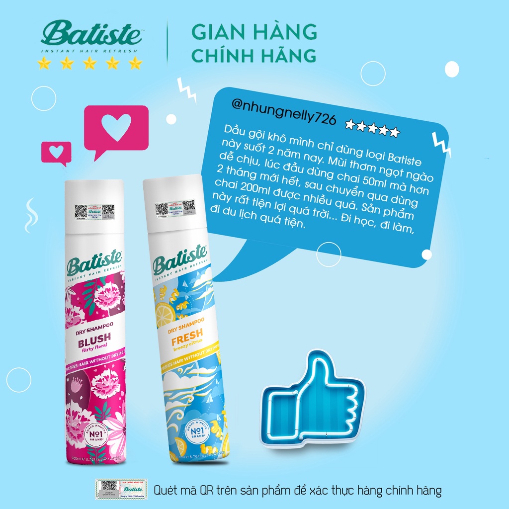 Dầu Gội Khô Batiste Dry Shampoo 200ml Hết Ngứa, Hết Bết Dính Tóc Bồng Bềnh Tức Thì - Vegan Society