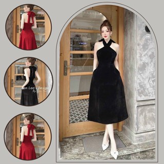 Đầm nhung dáng xòe cổ yếm, đầm dự tiệc sang chảnh 2 màu đỏ, đem