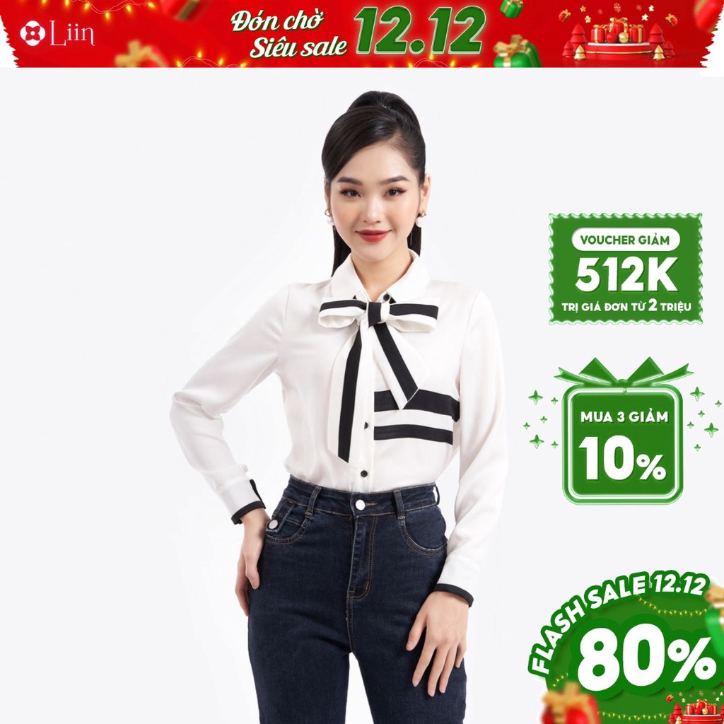 Áo sơ mi linbi thiết kế cổ phối nơ mix viền đen form công sở thanh lịch liin clothing SM4005