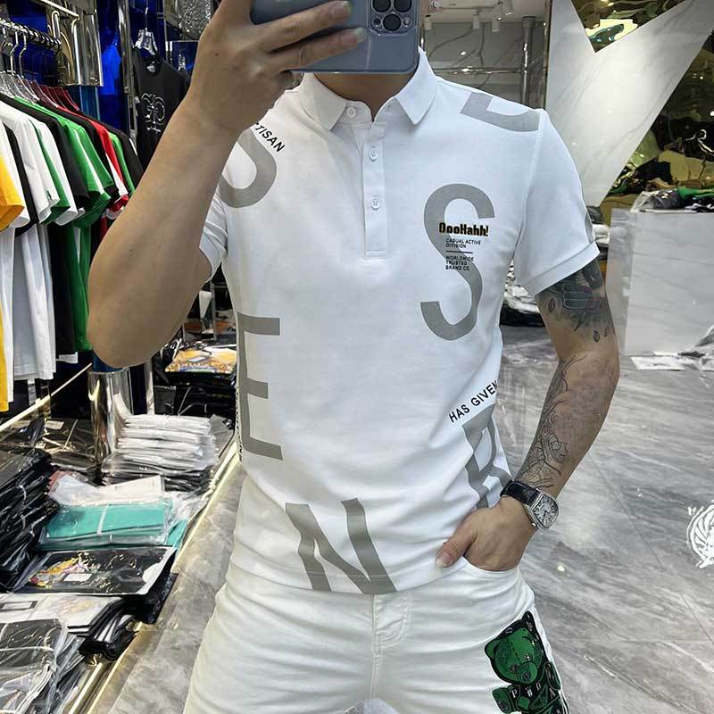 Áo Thun Polo Tay Ngắn Thoáng Khí In Chữ Tương Phản Kiểu Hồng Kông Cá Tính Cho Nam