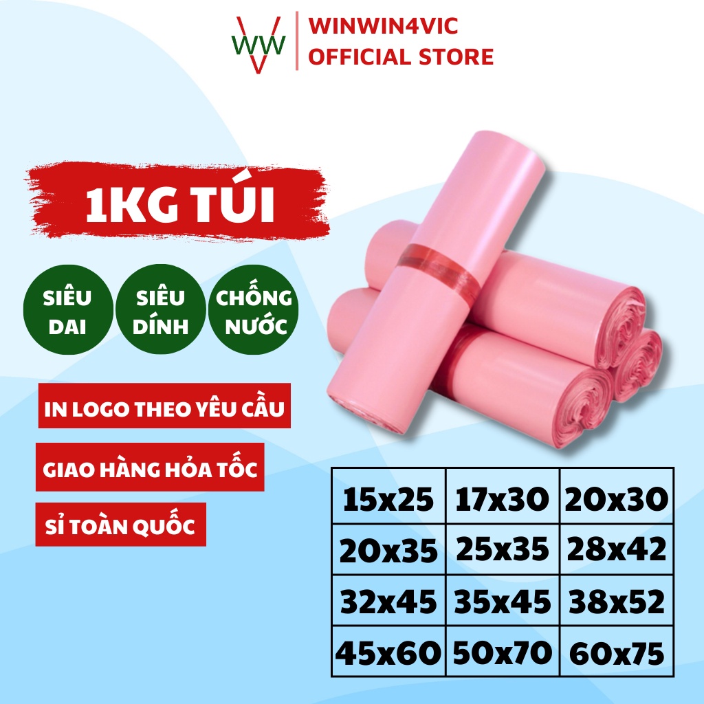 1Kg Túi Hồng Pastel, Túi Đóng Hàng Niêm Phong, Túi Đóng Gói Hàng Niêm Phong 3 Lớp WinWin4Vic Hồng Phấn| In Logo Miễn Phí