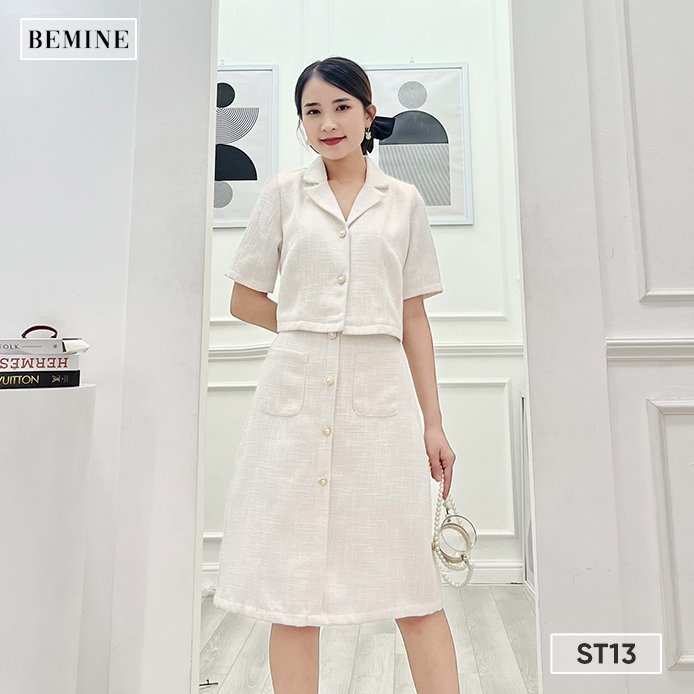 Set chân váy túi hộp áo đính nút BEMINE ST13