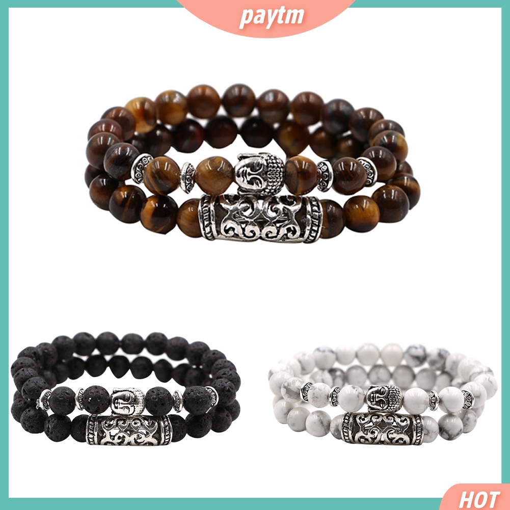 (PTM) Fashion 2Pcs Natural Stone Yoga Jewelry Unisex Buddha Head Beads Bracelets Set