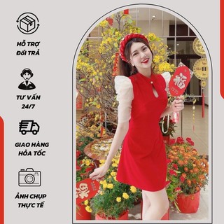 Đầm nữ cổ tàu tay phồng phối voan đón tết cực xinh - 758