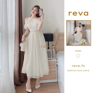 Đầm váy nữ dáng xòe trễ vai dây cổ ngọc phối voan chingfon cườm ngọc xinh thích hợp đi chơi dự tiệc, tết cực xinh - Reva