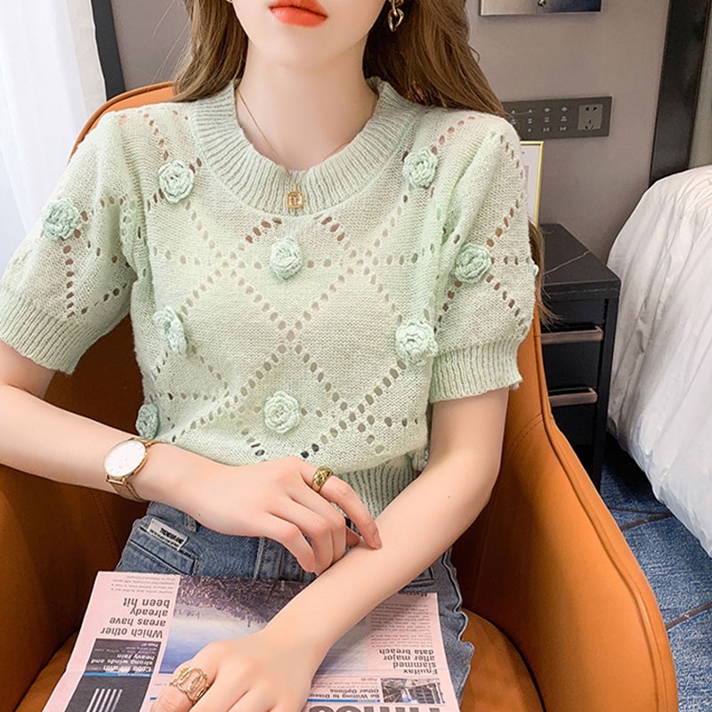 Áo Dệt Kim Tay Ngắn Họa Tiết Hoa Ba Chiều Thời Trang Hàn Quốc Cho Nữ