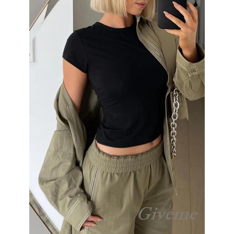 Áo Thun Tay Ngắn Cổ Tròn Màu Trơn Thời Trang Xuân Thu Cho Nữ