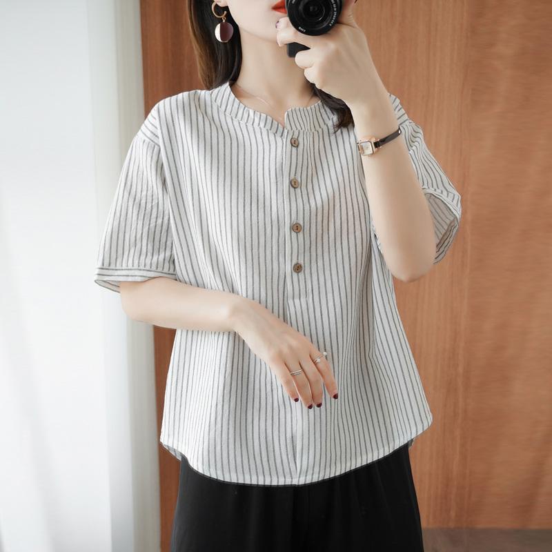 Áo Thun Cotton Lanh Tay Ngắn Kẻ Sọc Dọc Dáng Rộng Thời Trang Mùa Hè Hàng Mới 2022