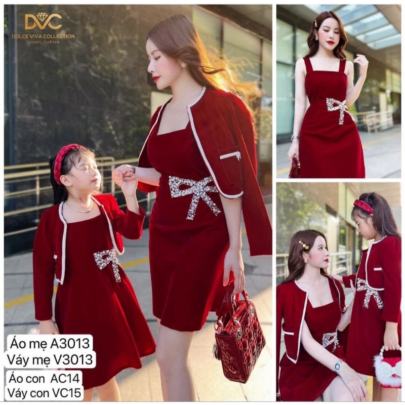 Set váy nhung kèm áo khoác đính nơ eo bé gái