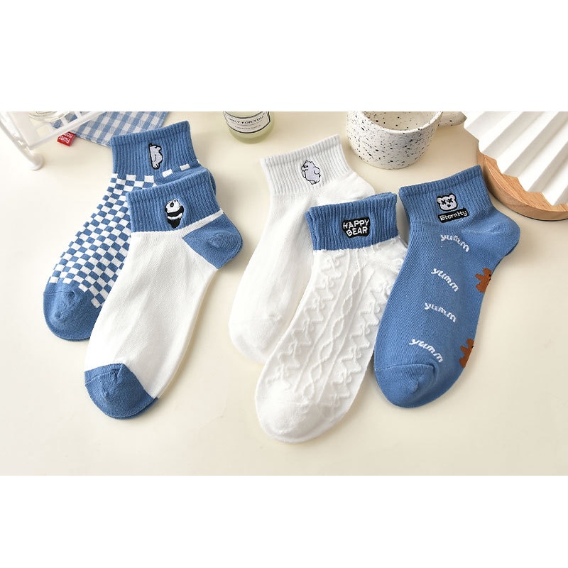 Vớ tất cổ ngắn thêu icon gấu xanh trắng