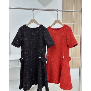 Váy dạ tweed đai eo dáng xoè