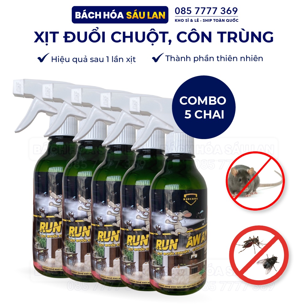 Combo 5 Chai Xịt đuổi chuột, thảo mộc Run Away không mùi, an toàn 300ml