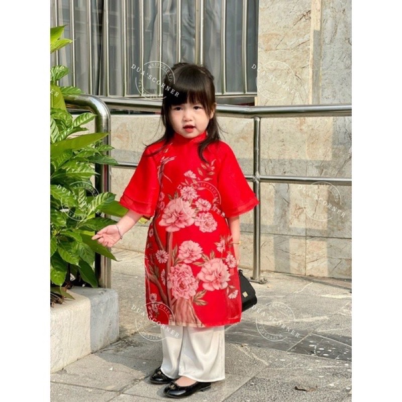 Set áo dài cách tân vải lụa hoa xuân cho bé 10-20kg