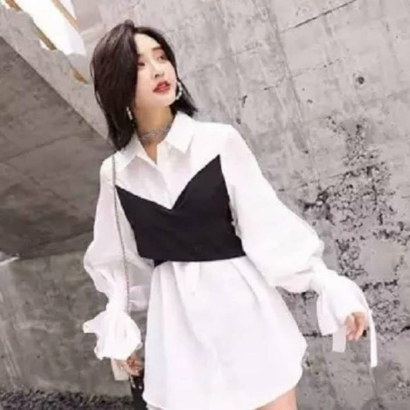 Áo sơ mi phối dây đen chéo SMTD