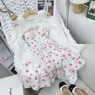 SET ĐẦM XOÈ 2S HOA VIỀN BÈO NGỰC KHOÁC CROP TRẮNG CỔ SEN CUTOUT NGỰC SIÊU XINH