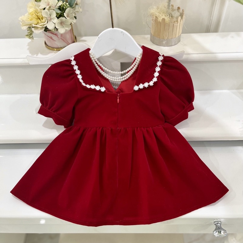 Váy nhung cho bé gái từ 8-40kg màu đỏ kèm chuỗi ngọc sau lưng