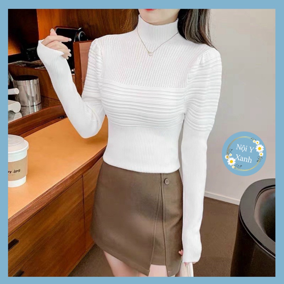 áo len nữ Nội Y Xanh cổ 3 phân tay bồng tay dài viền nổi hàng QCCC A63 hot trend thu đông ấm áp