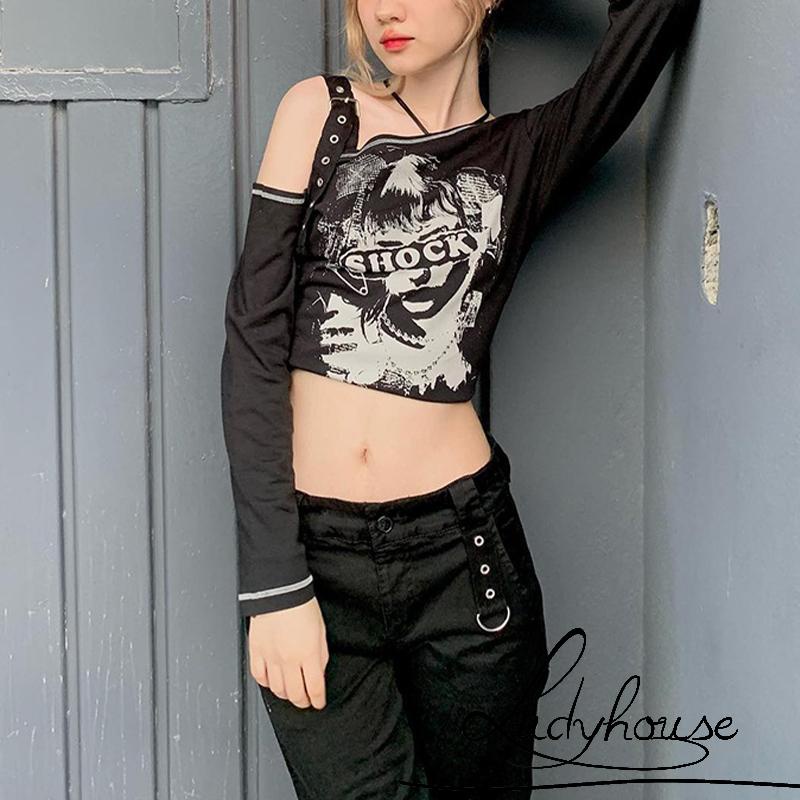 Áo Thun Dài Tay Lệch Vai Phong Cách Gothic Thời Trang Cho Nữ
