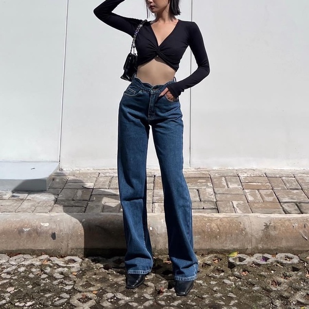 Quần ống rộng vừa eo bèo chất jean cotton mềm không co giãn (REB)  Sofm Wear- Chuyên Jeans Nữ
