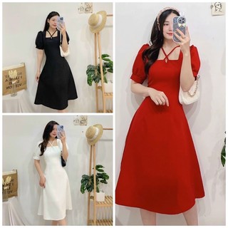 Đầm thiết kế dây chéo tay bồng nữ tính sang chảnh