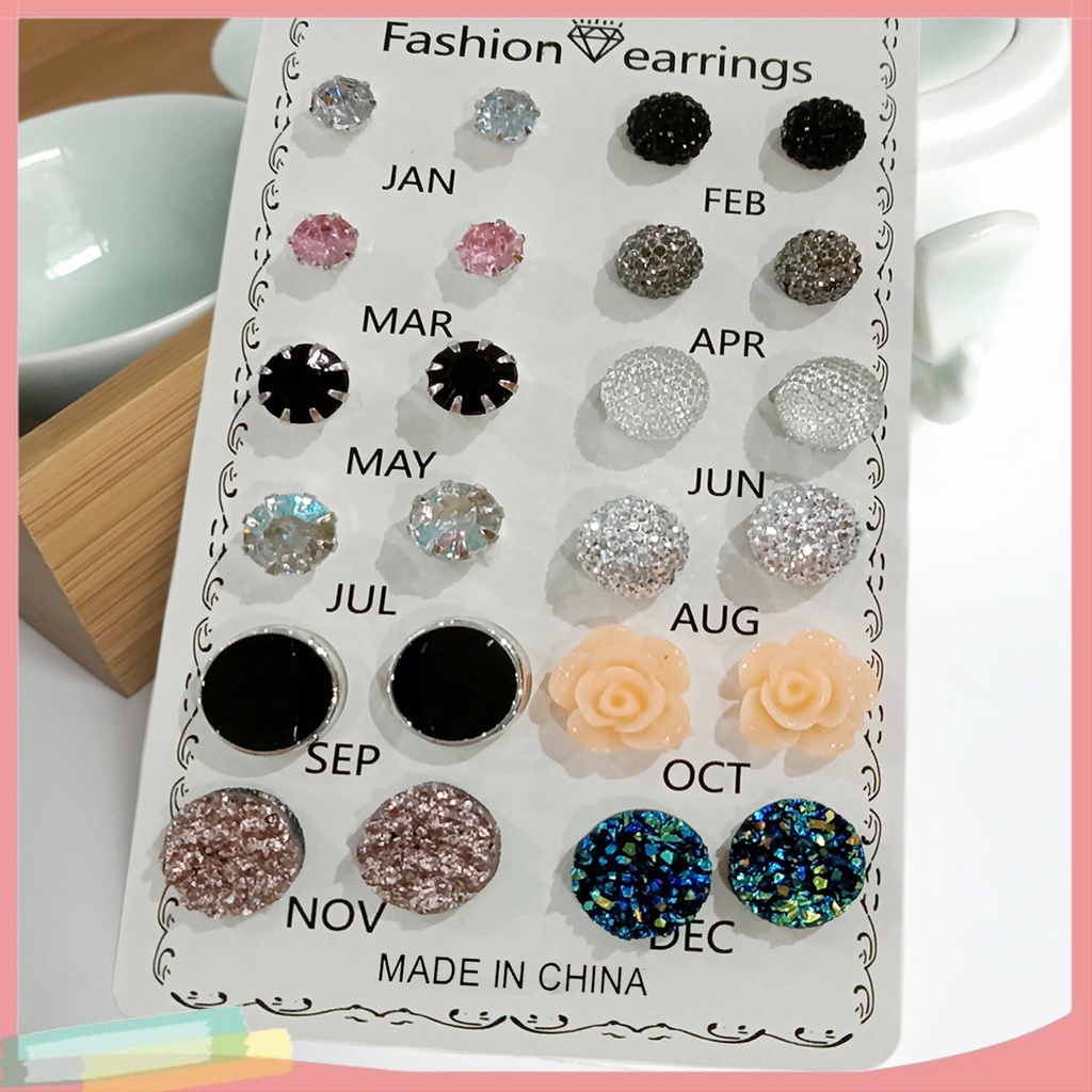 Set 12 Đôi Khuyên Tai Tròn Đính Đá Phong Cách Sang Trọng Thời Trang Cho Nữ