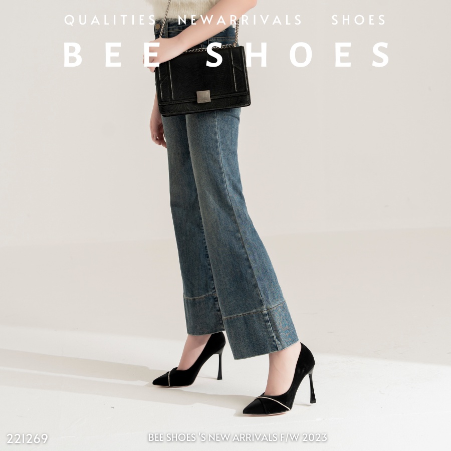 GIÀY CAO GÓT BEESHOES NỮ MŨI NHỌN - GIÀY CAO GÓT NỮ GÓT NHỌN CAO 9 PHÂN SẴN MÀU ĐEN - KEM 221269