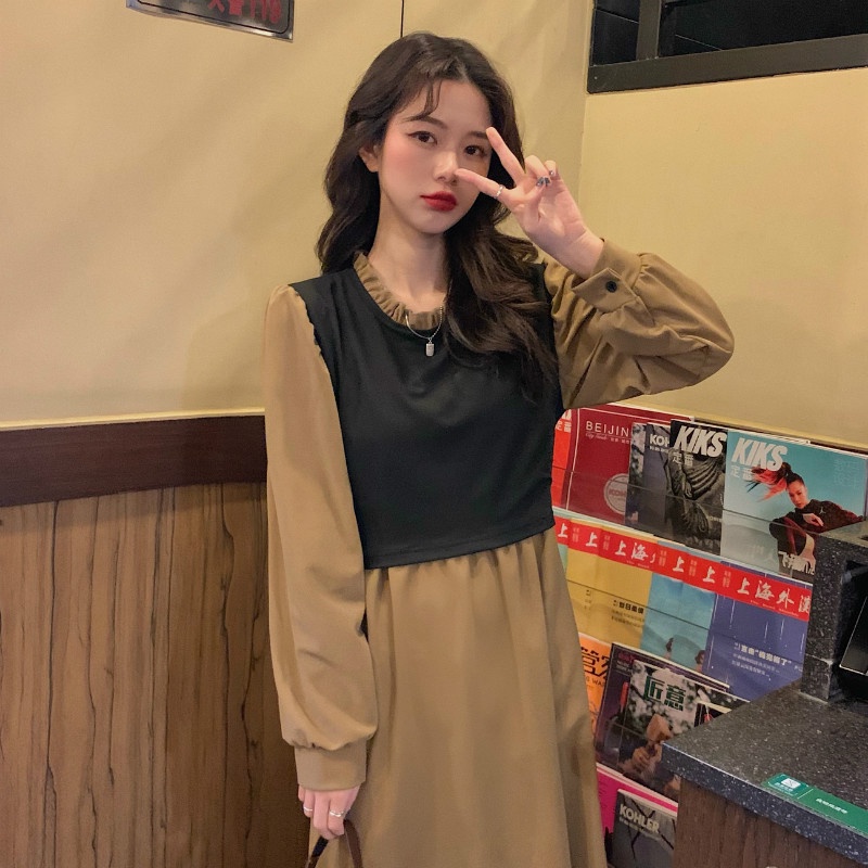 ZHELIHANGFEI Đầm giả hai mảnh tay áo cổ cao mẫu váy dài ngọt ngào