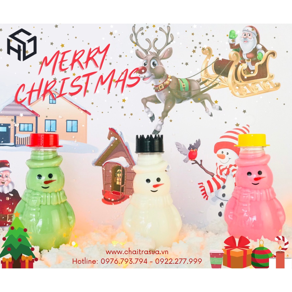 Chai nhựa đựng trà sữa hình Người tuyết 400ml - Hủ nhựa hình người tuyết decor noel, trang trí giáng sinh - NT400