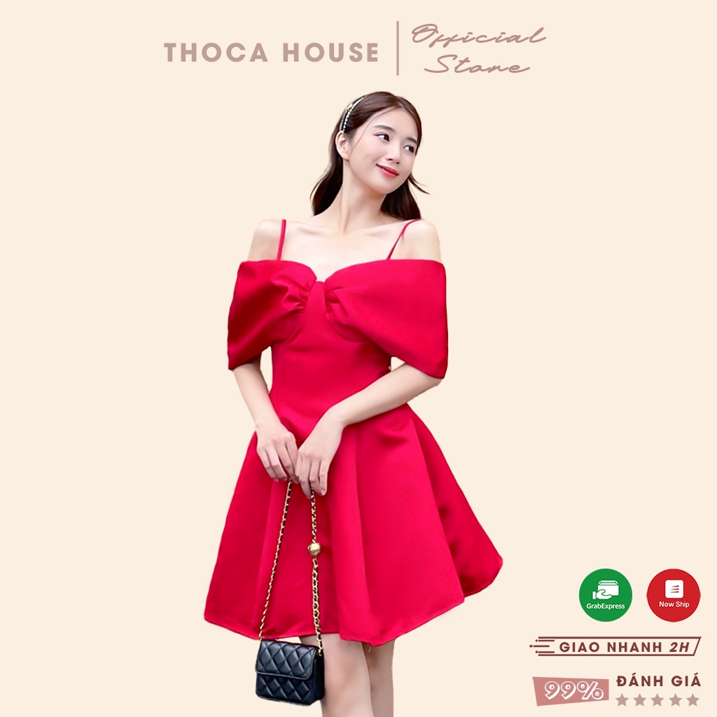 Đầm hai dây trễ vai nơ sang trọng trơn màu đỏ THOCA HOUSE thanh lịch, nổi bật mặc dự tiệc, lễ Tết xinh xắn