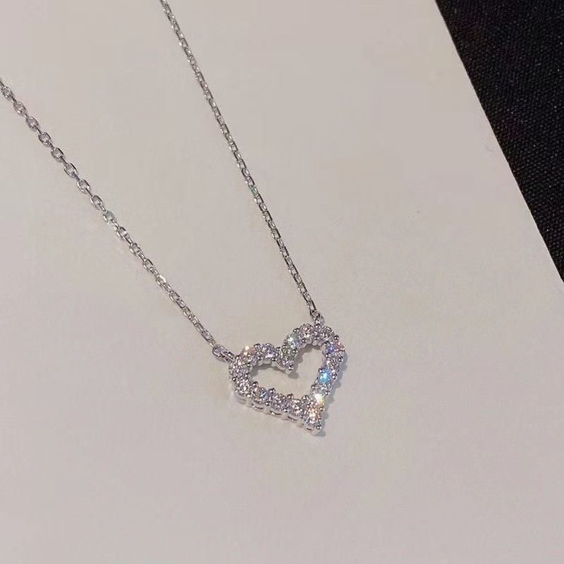 Vòng cổ Bạc Mặt Trái Tim Rỗng Đính Đá Zircon Lấp Lánh Kiểu Hàn Quốc Cho Nữ