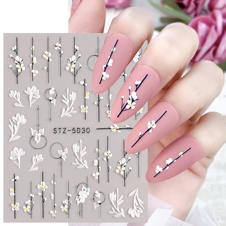 Miếng Dán Trang Trí Móng Tay Tự Dính Họa Tiết Hoa 5D Kiểu Pháp Dễ Thương