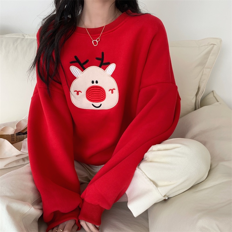Áo hoodie Cổ Thuyền Dáng Rộng Thêu Hình Tuần Lộc Giáng Sinh Mới Cho Nữ
