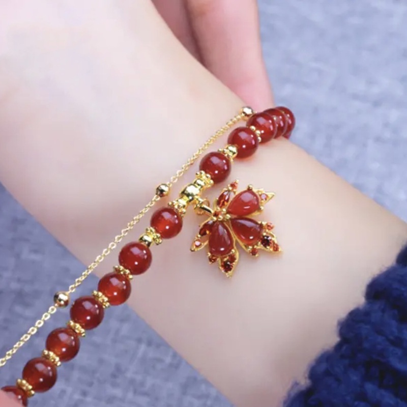 Hàng Có Sẵn Vòng Tay Hai Lớp Lá Phong Màu Đỏ Mã Não Sang Trọng Phong Cách Trung Hoa Cho Nữ