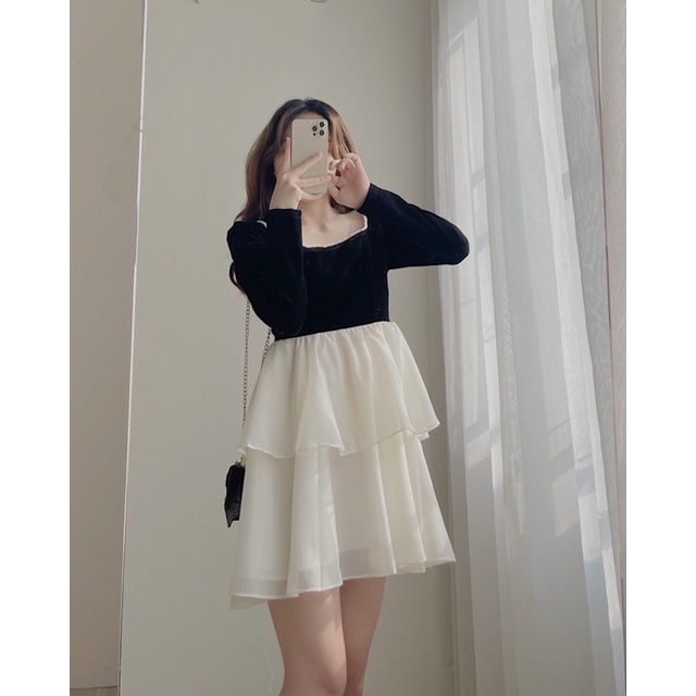 Váy voan xếp ly 2 tầng nơ lưng 287