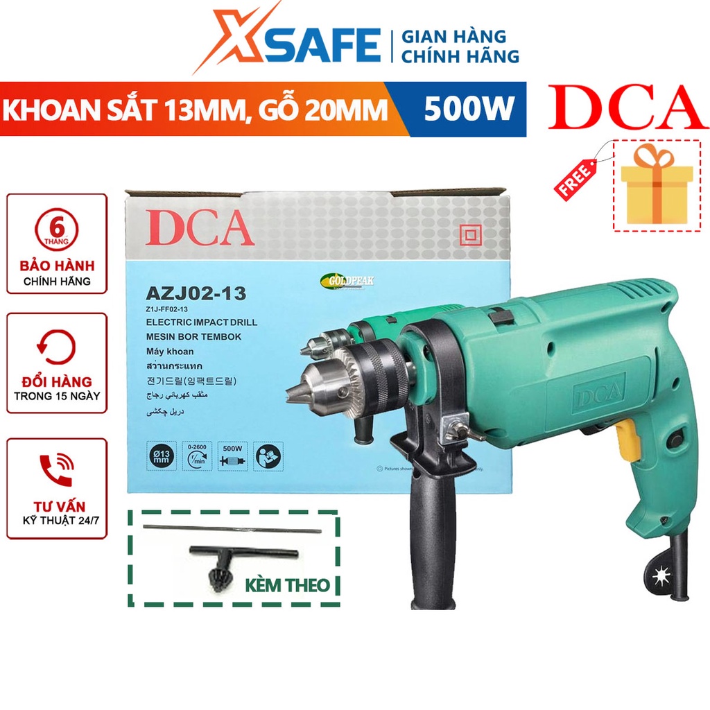 Máy khoan 500W DCA AZJ02-13 (Z1J-FF02-13), khả năng khoan sắt 13mm, gỗ 20mm, tốc độ không tải 1200 vòng/phút