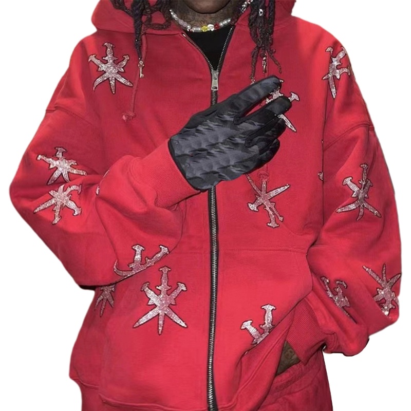 Xiangbao Áo Khoác Hoodie Nỉ Dáng Rộng Cỡ Lớn Có Khóa Kéo Hình Bông Tuyết Đính Đá Phong