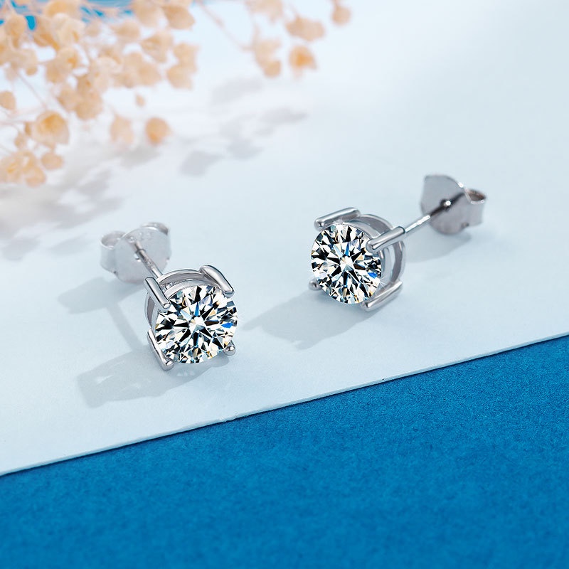 Kim Cương Nhân Tạo Moissanite  Bông tai nữ 925 bạc 0,5 +0,5/1+1/2+2 carat D màu mosang khoan có thể kiểm tra bút khoan với giấy chứng nhận nhận dạng bông tai bốn móng vuốt