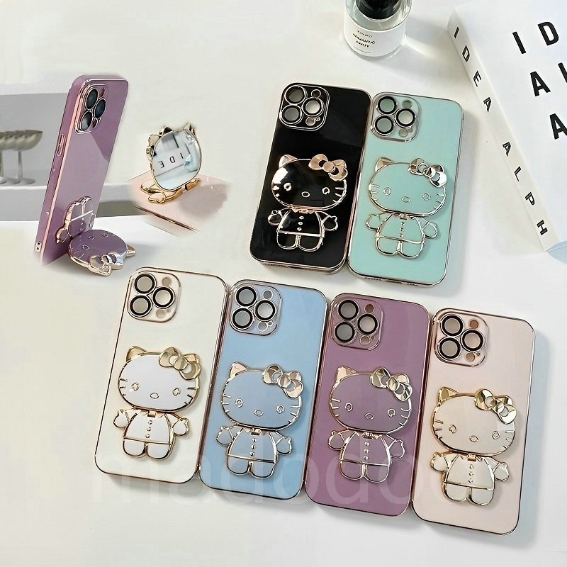 6D Straight Edge Electroplate Cartoon Casing For iPhone 14 Plus 13 Mini Pro Max ProMax 14ProMax 13ProMax Cute Candy Kitty Mirror Stand Fine Hole Anti-fall Protection Soft Thin Phone Case Cover MMT 11