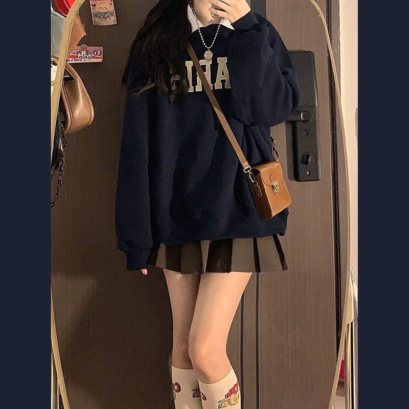 Bộ Áo Nỉ Cổ Tròn Dáng Rộng + Chân Váy Xếp Ly Màu Xanh Navy Phong Cách Retro Mỹ Thời Trang Mùa Đông Mới Cho Nữ