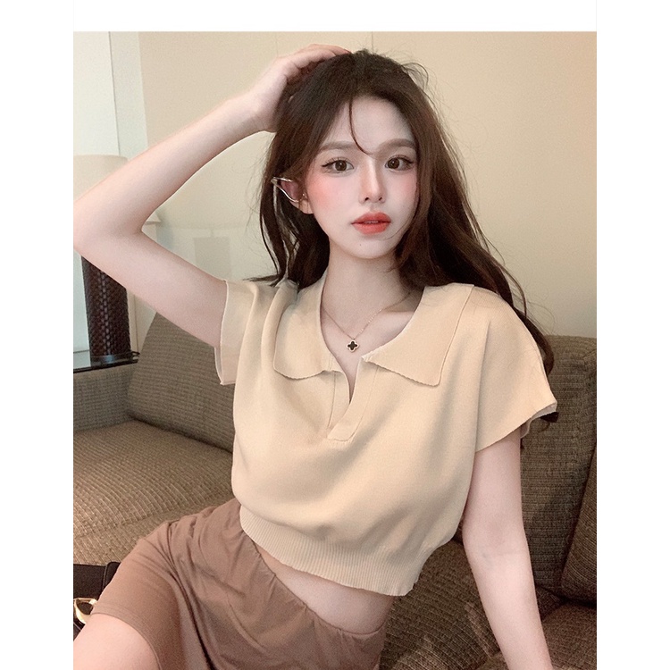 Áo Thun Crop Top Tay Ngắn Có Cổ Màu Sắc Đơn Giản Phong Cách Hàn Quốc Dành Cho Nữ