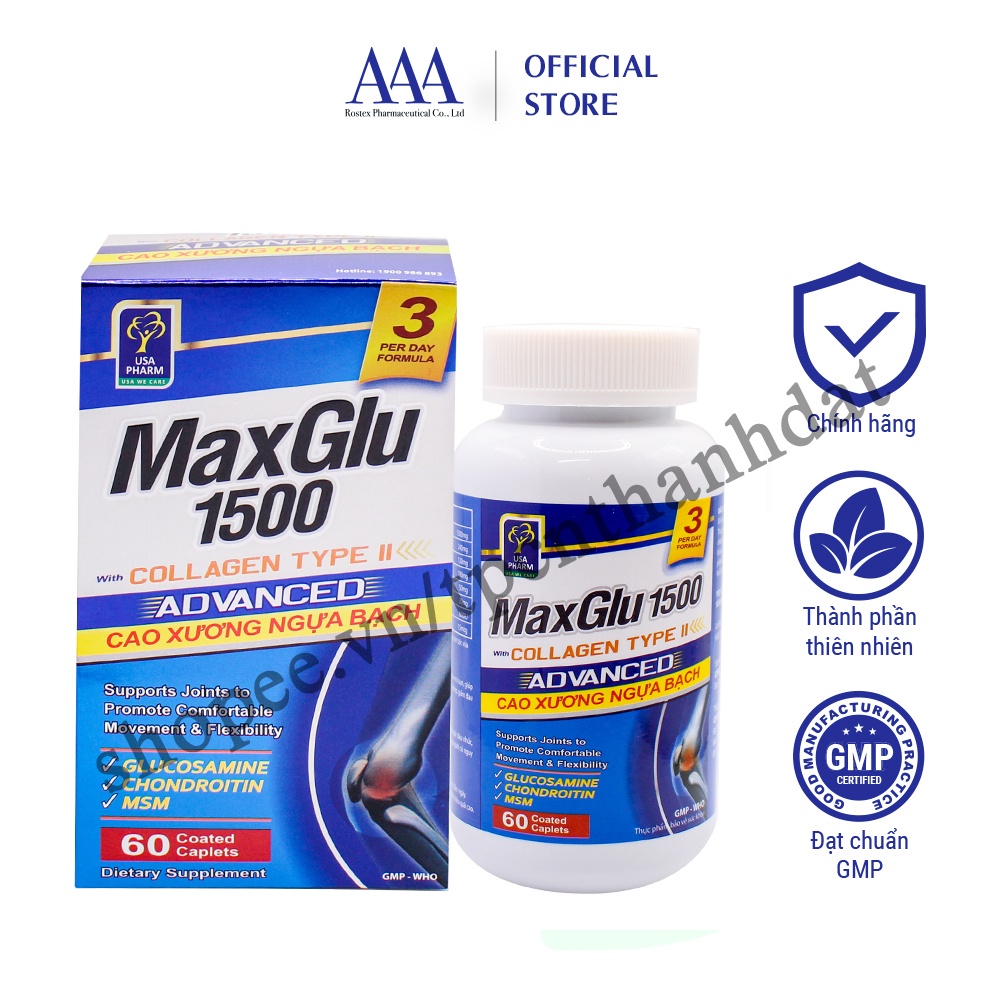 Viên uống bổ khớp MaxGlu 1500 bổ sung Glucosamine, Collagen Type 2 hỗ trợ xương khớp - Chai 60 viên