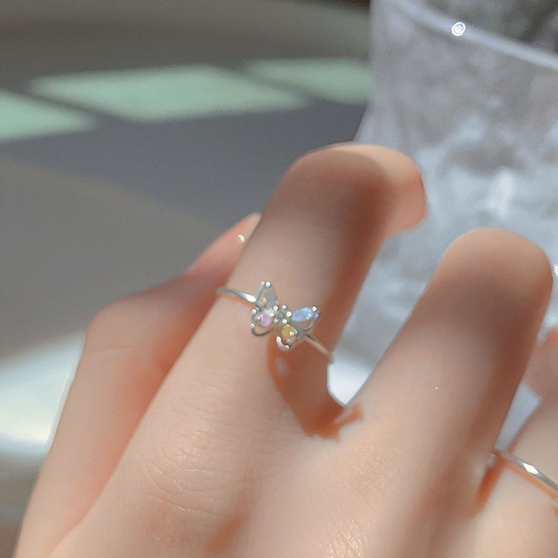 Ahellogirl Mạ Bạc Nhẫn Ba Chiều Hình Bướm Đính Đá Zircon Nhiều Màu Đơn Giản Cho Nữ