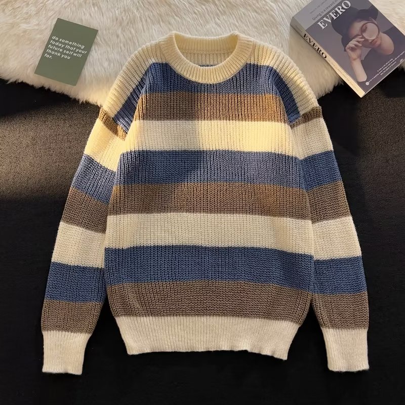 Áo Sweater Dệt Kim Tay Dài Dáng Rộng Họa Tiết Kẻ Sọc Màu Tương Phản Kiểu Retro Hàn Quốc Thời Trang Thu Đông Cho Nam