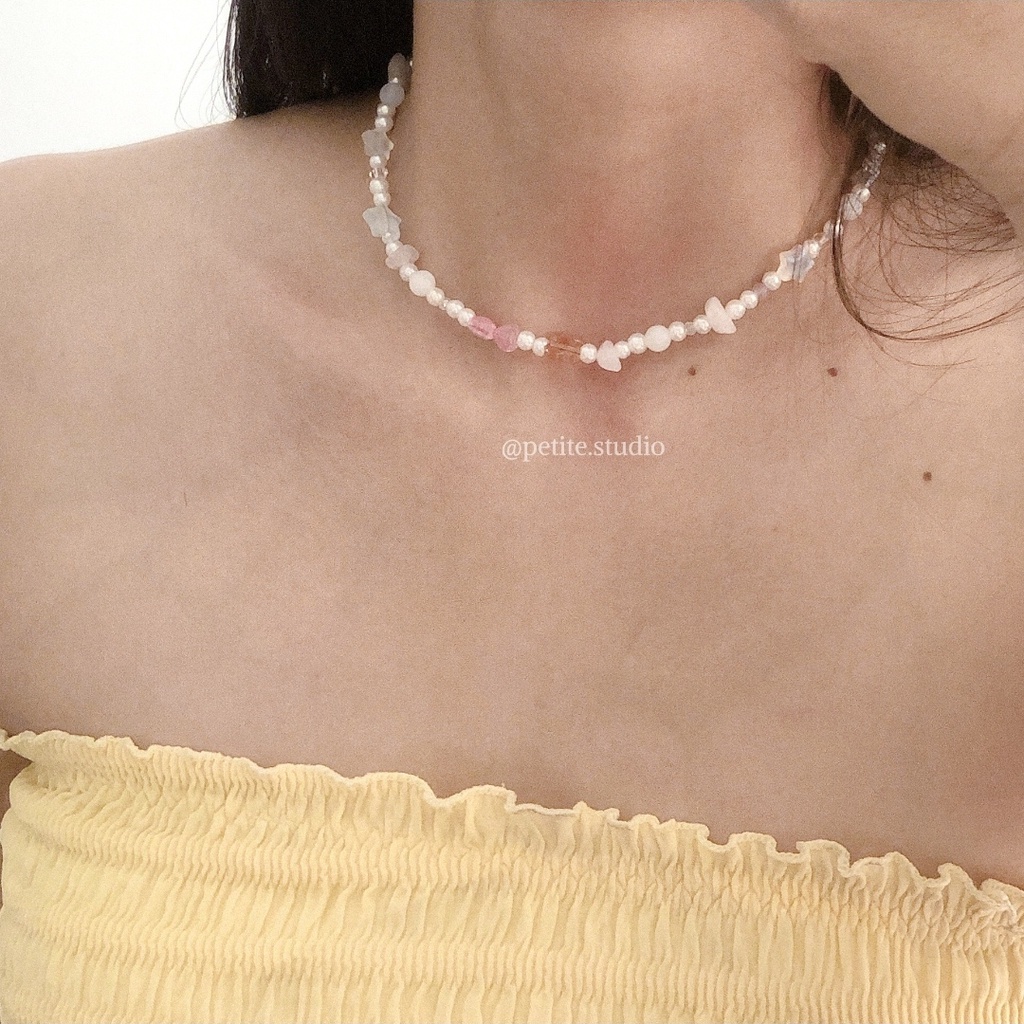 Vòng cổ hạt bẹt mix đá tông hồng pastel Naru Choker KHÔNG GỈ dây chuyền phối hạt nhiều màu basic phong cách hàn q