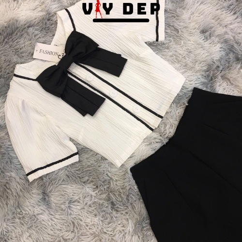 Set sơ mi nơ đen tay cọc sang chảnh