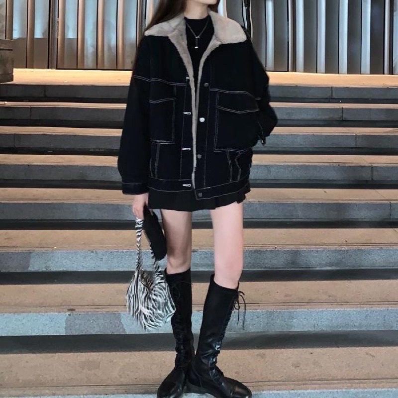 Áo Khoác Bò Denim Nữ Mùa Thu Đông Màu Đen Phối Nhung Dày