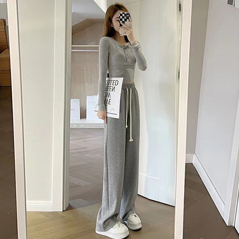 Jiashucheng Quần Ống Rộng Lưng Cao Dáng Suông Dây Rút Màu Xám Phong Cách Xuân Thu Mới Cho Nữ