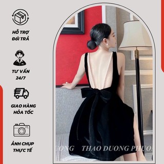 Đầm nhung 2 dây dáng xòe hở lưng đính ngọc sang trọng thanh lịch ( có mút ngực ) - 904