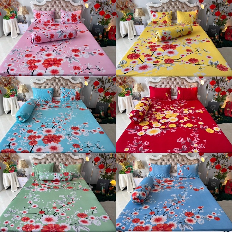 Bộ drap thun hàn quốc 4 món mẫu hoa đào rực rỡ đón tết