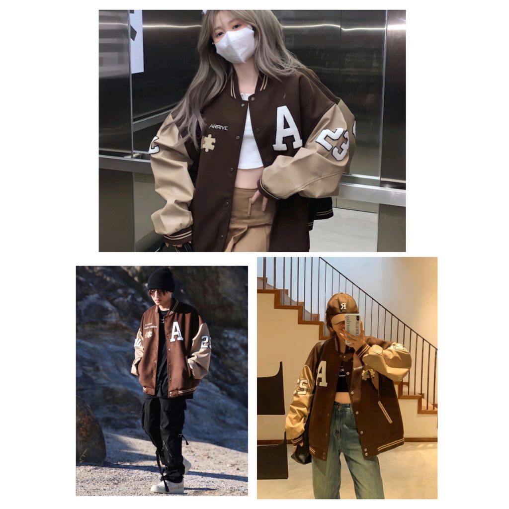 Áo Bomber Nỉ Thêu Chữ A23 Màu Nâu Tay Phối Màu Dáng Rộng Tay Bo Siêu Basic